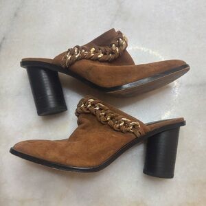 Rebecca Minkoff Tan Suede Mules with Gold Chain